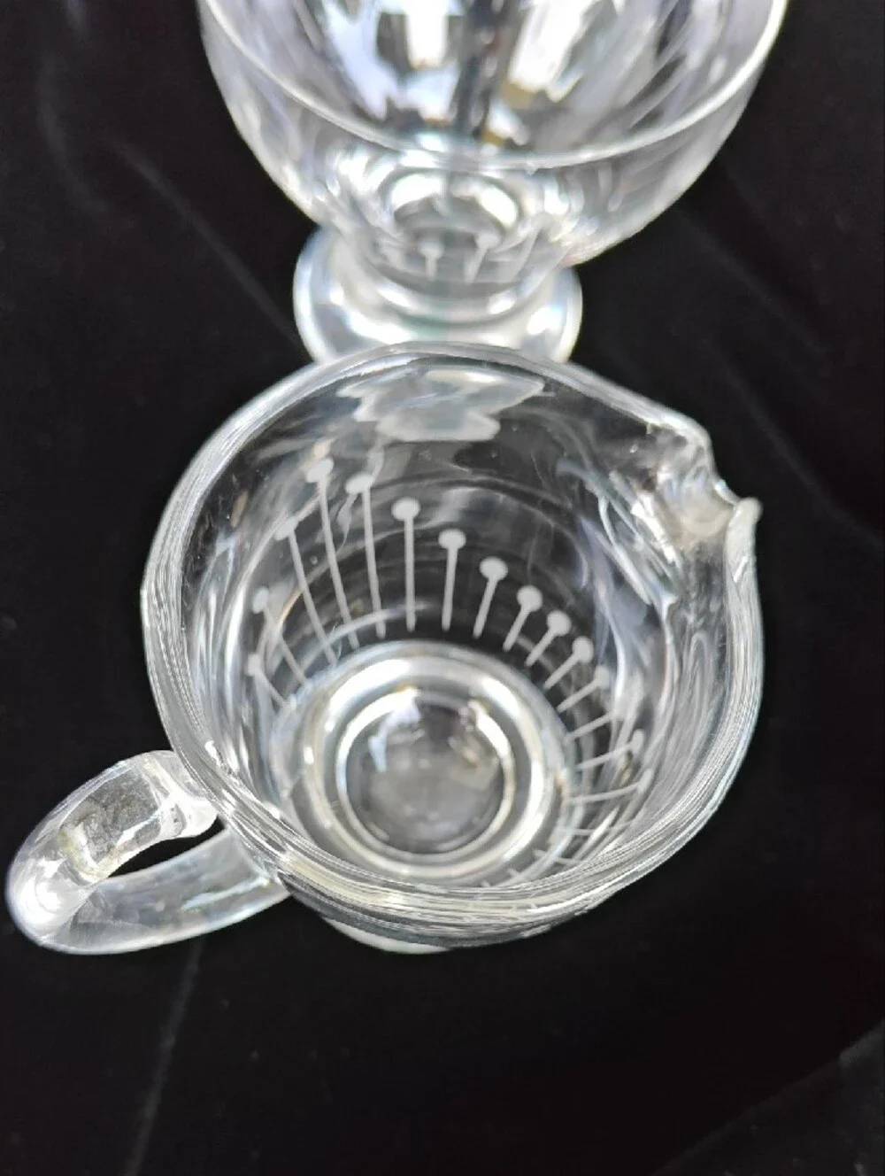 Clear Glass Creamer and Sugar Set with Etched Line And Dot Pattern